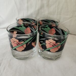 Vintage Signed Cutler Low Ball Glasses Black Pink Floral 1980's Barware Kitchen
